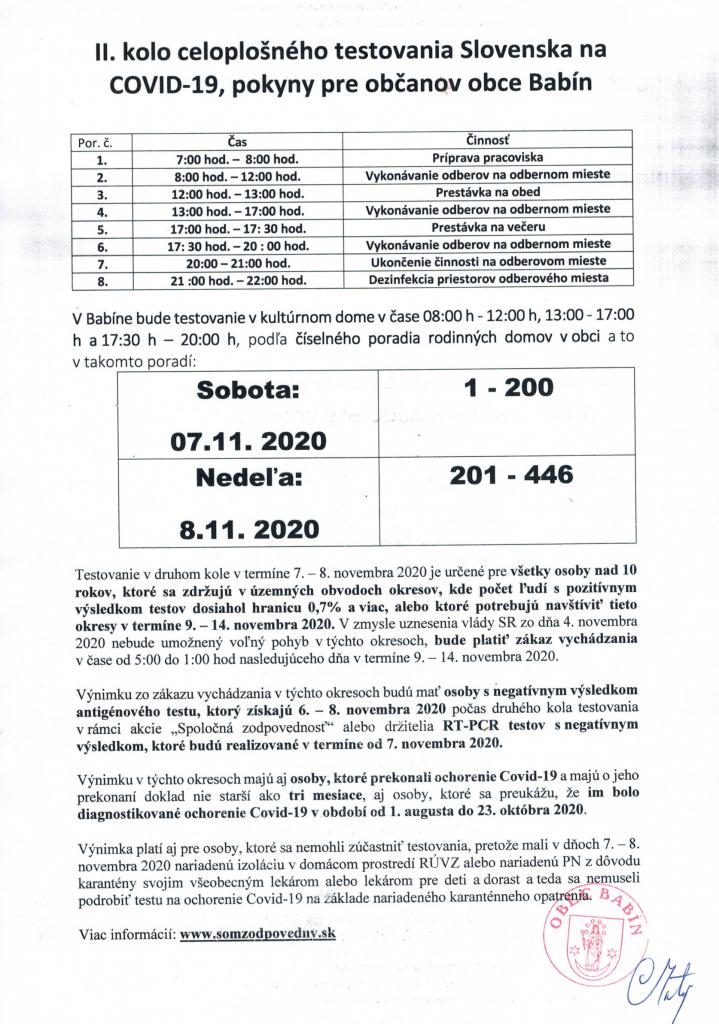 II. kolo testovania na COVID-19, pokyny