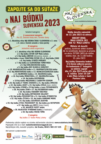 Občianske združenie MALÁ LEHOTA BIELE MORE vyhlasuje 2. ročník súťaže O NAJ BÚDKU SLOVENSKA pre rok 2023. 1
